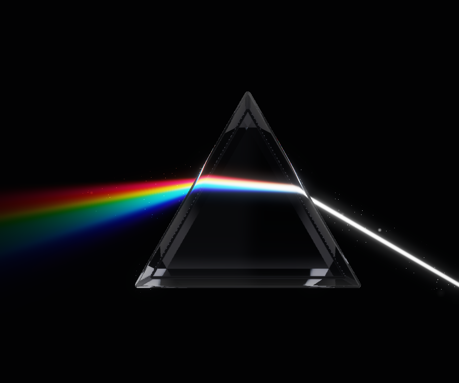 A translucent triangular crystal prism splitting white light into a rainbow
